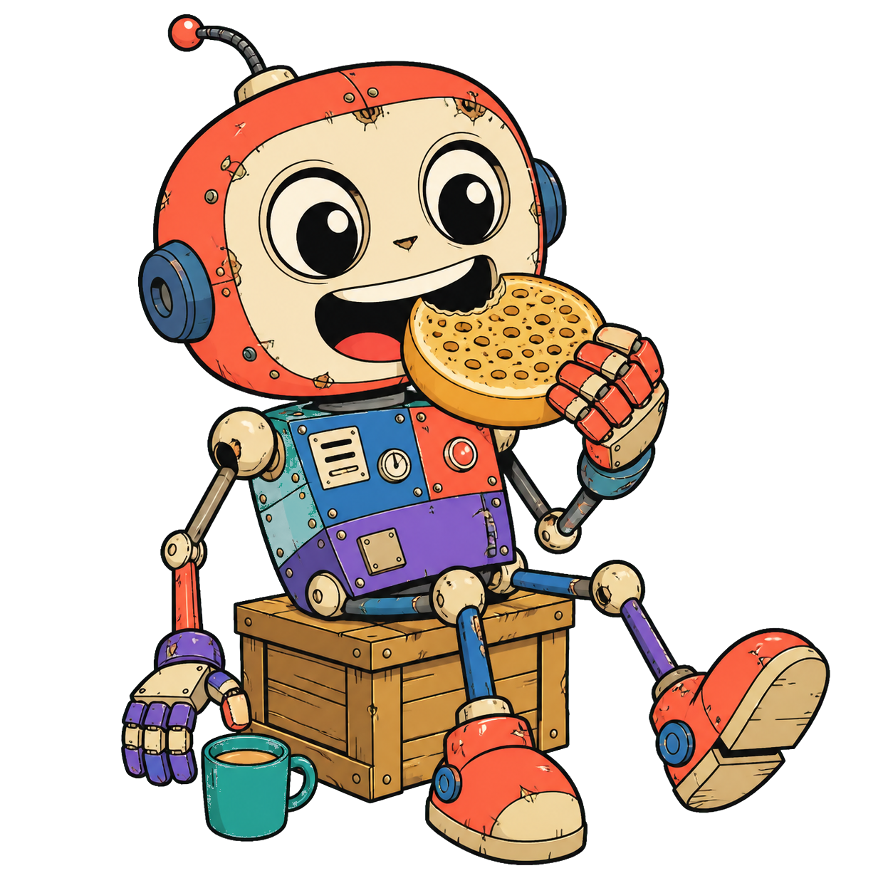 A retro tin robot sitting on a crate, taking a bite out of a crumpet, with a mug of tea beside it